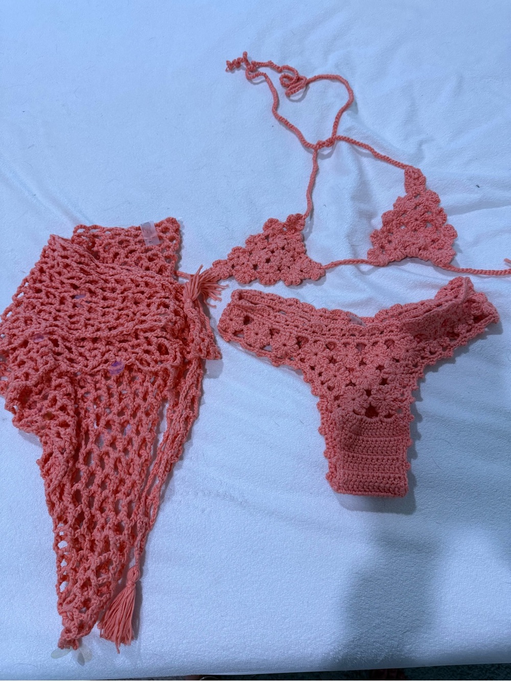 Fashion Nova Coral Crochet Triangle Bikini with Mesh Cover-Up
